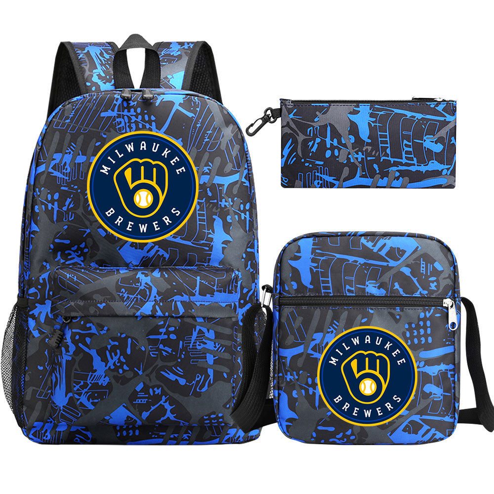 Milwaukee Brewers Baseball School Backpack Shoulder Bag Pencil Bags 3pcs Set