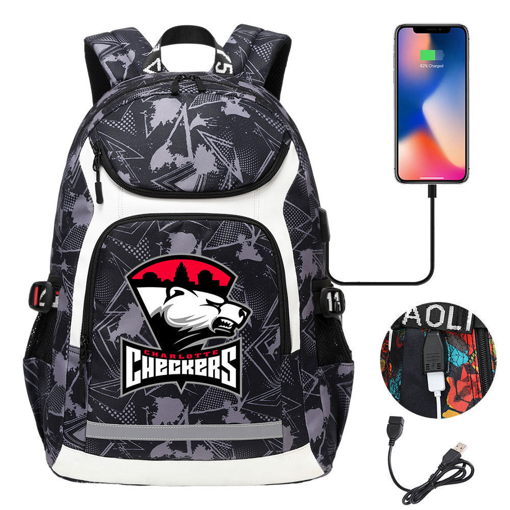 Charlotte Checkers Hockey Backpack School Notebook Travel Bags With USB