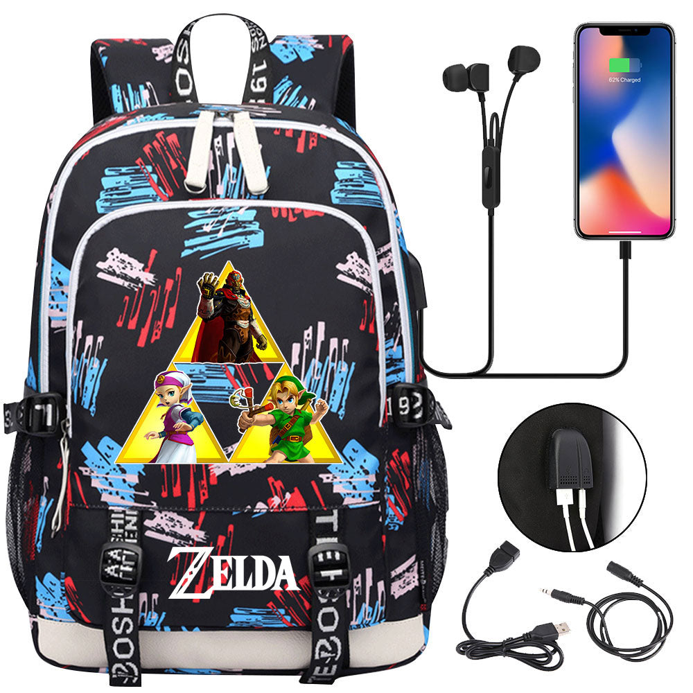Zelda USB Charging Backpack School Note Book Laptop Travel Bags