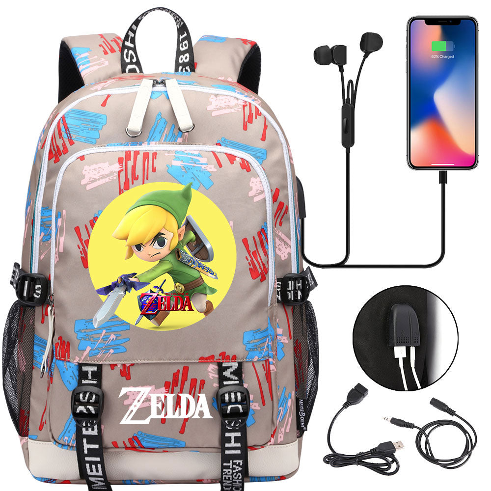 Zelda USB Charging Backpack School Note Book Laptop Travel Bags