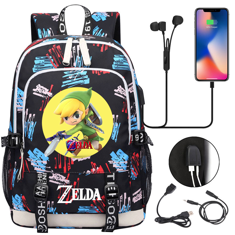 Zelda USB Charging Backpack School Note Book Laptop Travel Bags