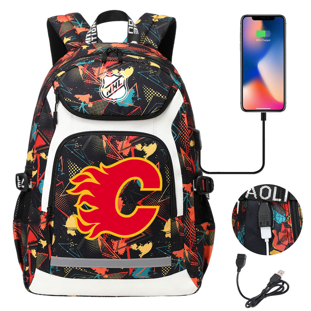 Calgary Flames Hockey League Backpack School Notebook Travel Bags With USB