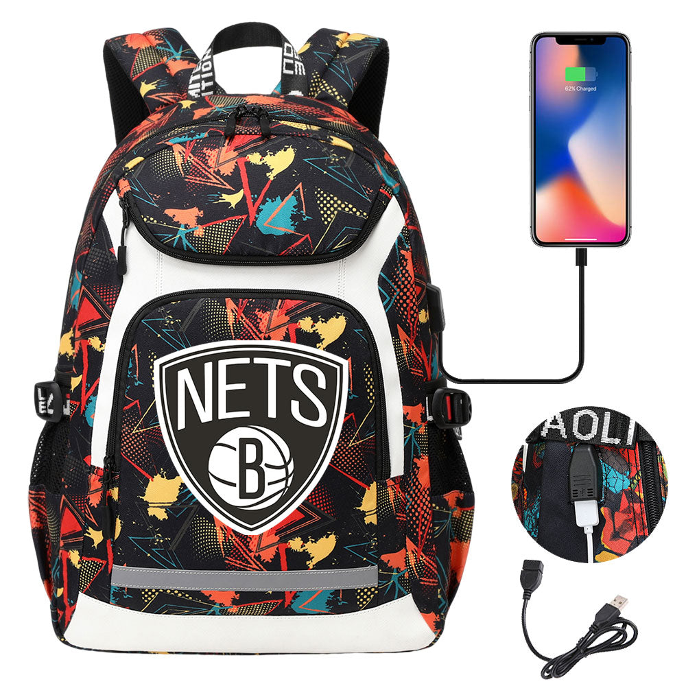 Brooklyn Nets Backpack School Notebook Travel Bags With USB