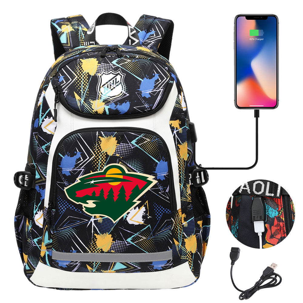 Minnesota Wild Hockey League Backpack School Notebook Travel Bags With USB