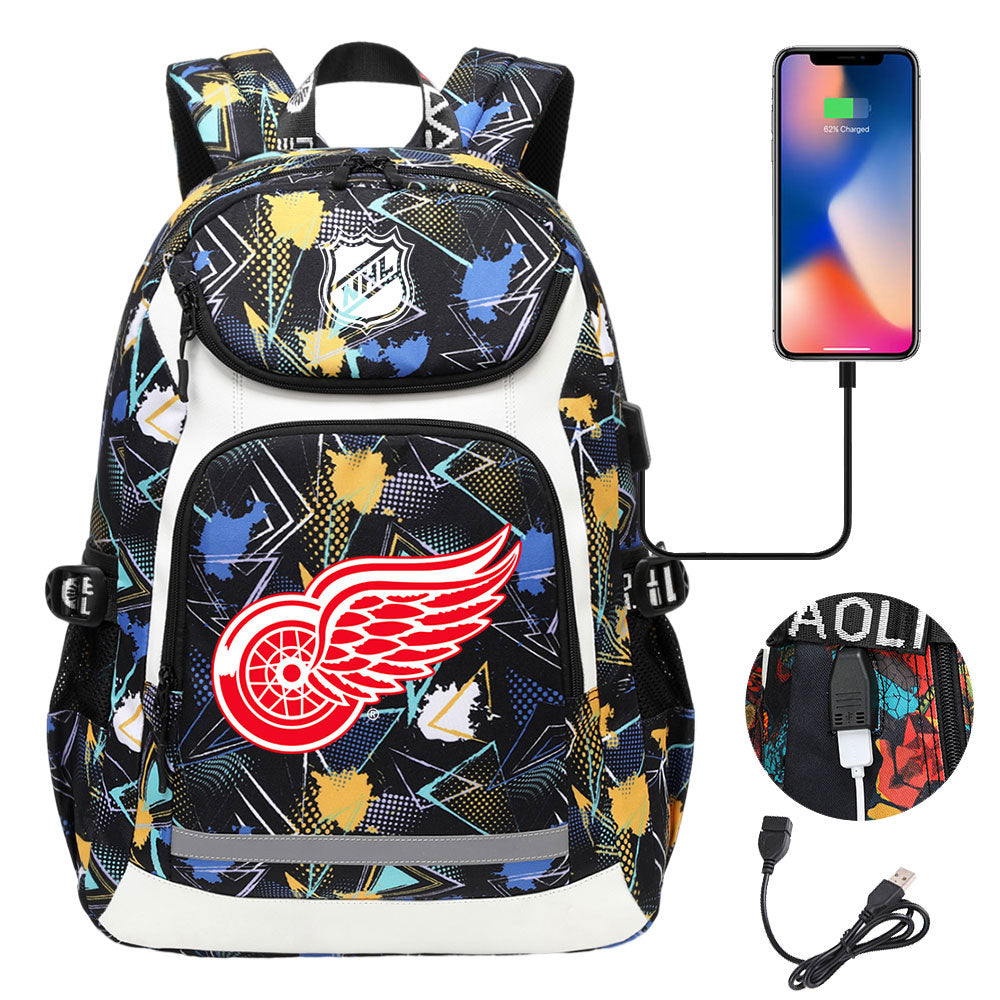 Detroit Red Wings Hockey League Backpack School Notebook Travel Bags With USB