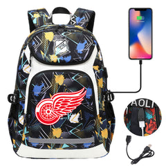 Detroit Red Wings Hockey League Backpack School Notebook Travel Bags With USB