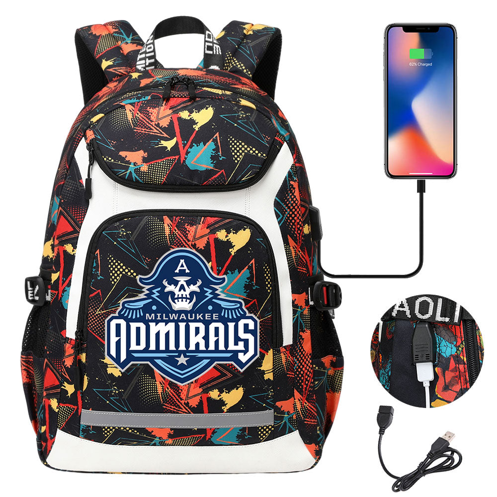 Milwaukee Admirals Backpack School Notebook Travel Bags With USB