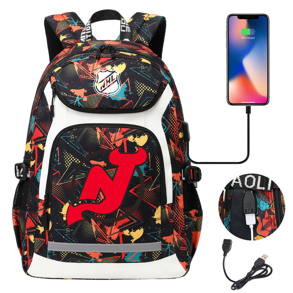 New Jersey Devils Hockey League Backpack School Notebook Travel Bags With USB