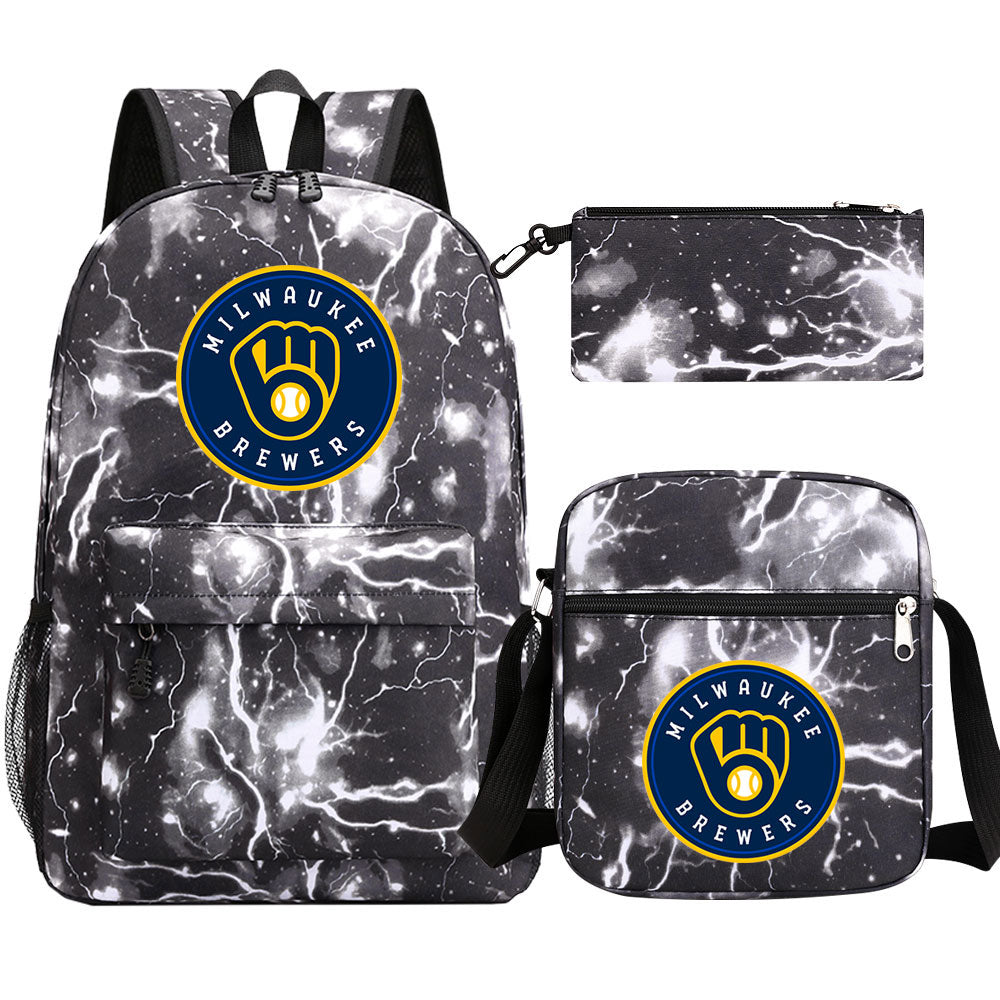 Milwaukee Brewers Baseball School Backpack Shoulder Bag Pencil Bags 3pcs Set