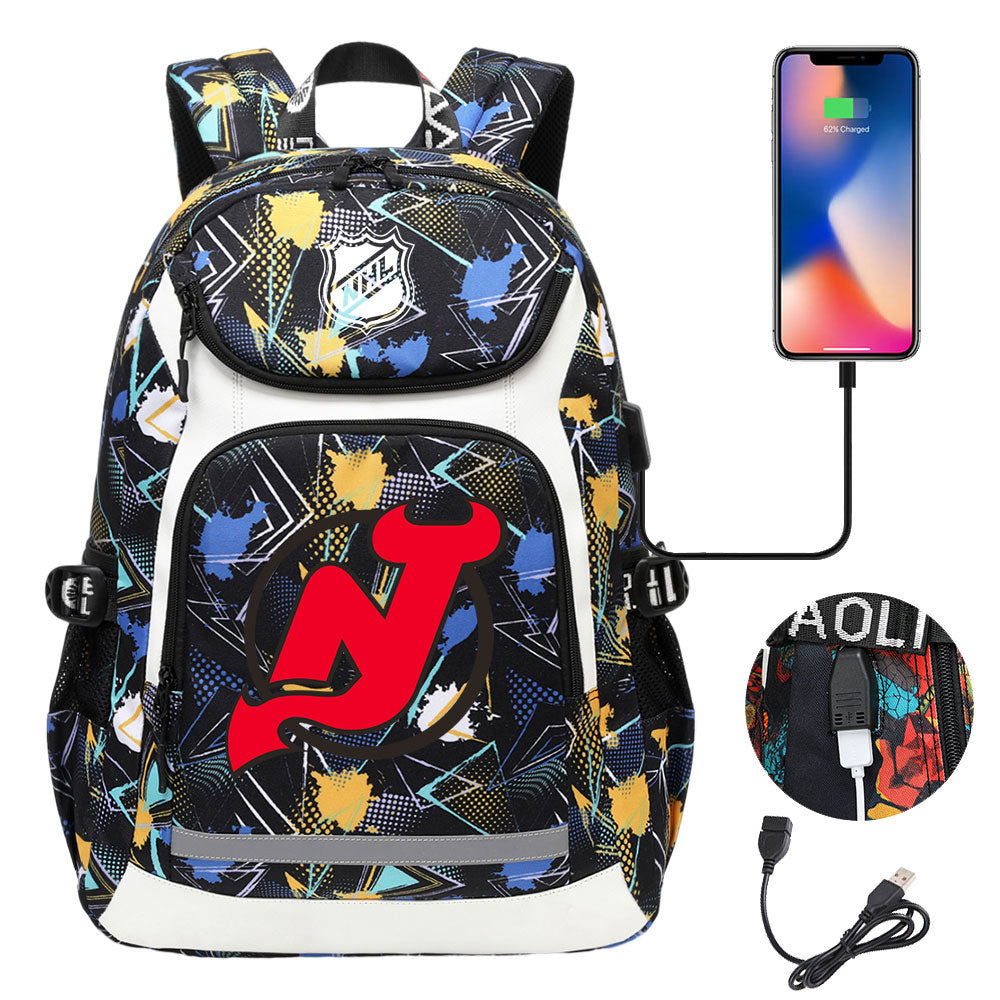 New Jersey Devils Hockey League Backpack School Notebook Travel Bags With USB