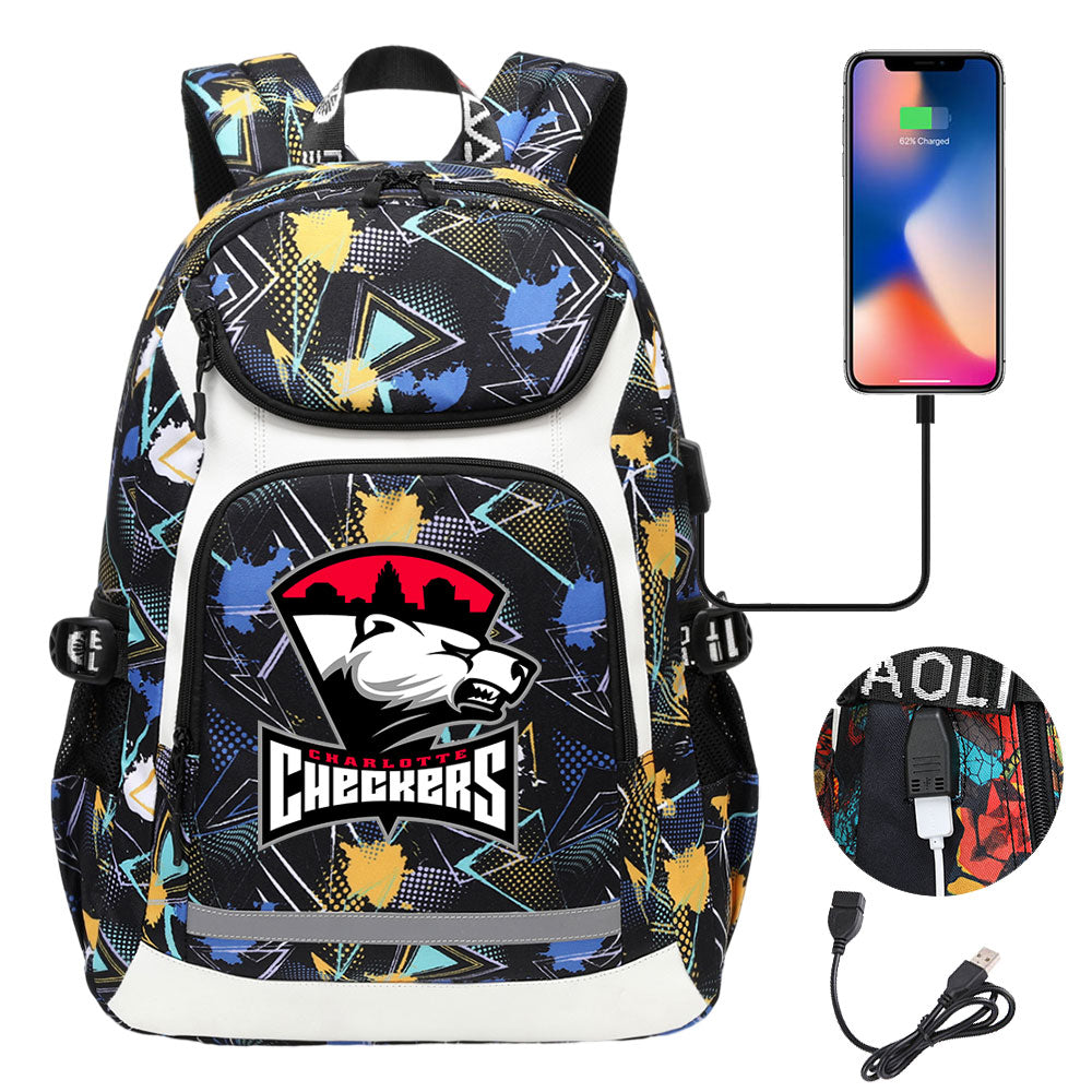 Charlotte Checkers Hockey Backpack School Notebook Travel Bags With USB