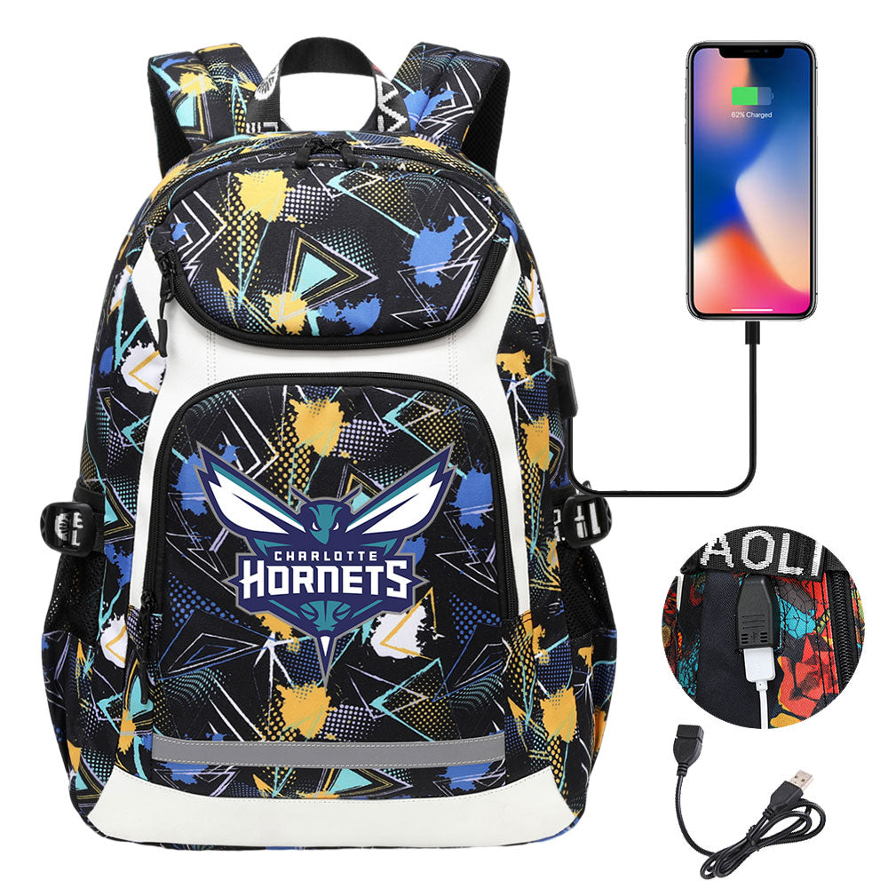 Charlotte Hornets Backpack School Notebook Travel Bags With USB