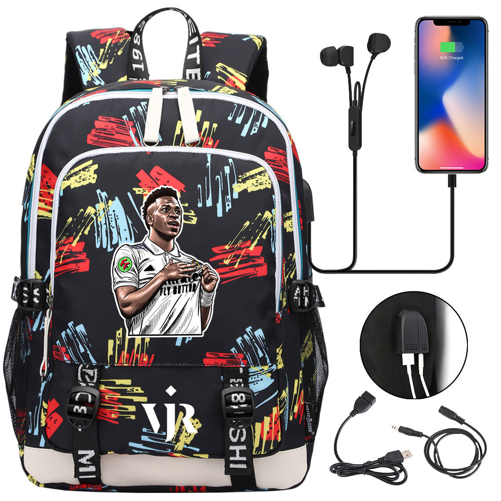 Vinicius Junior FC USB Charging Backpack School Note Book Laptop Travel Bags