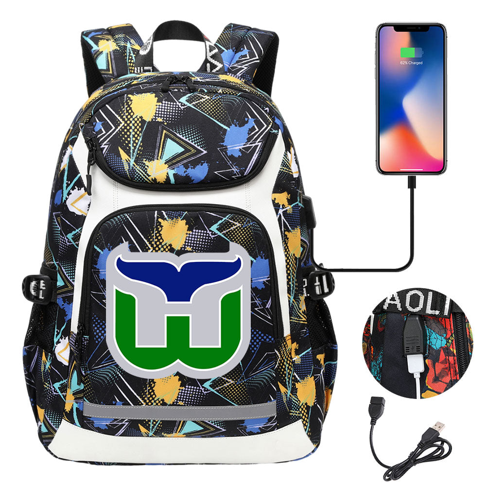 Hartford Whalers Hockey Backpack School Notebook Travel Bags With USB