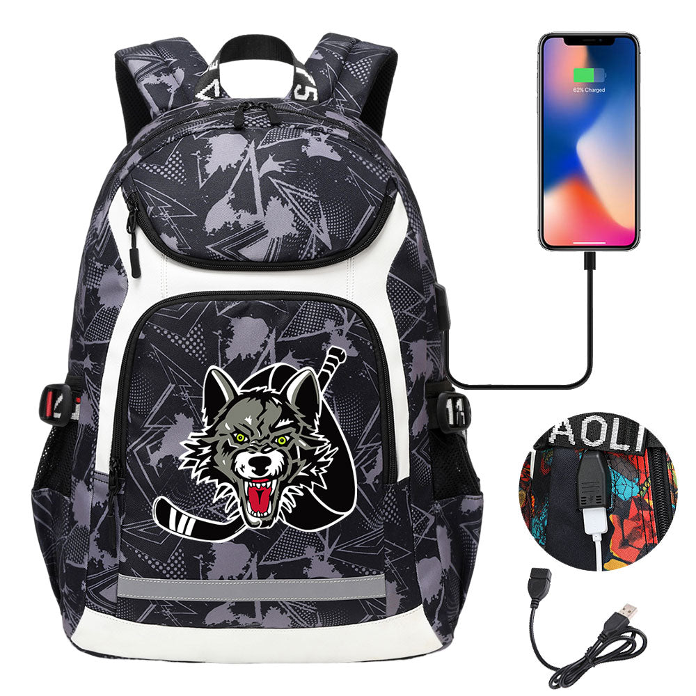 Chicago Wolves Hockey Backpack School Notebook Travel Bags With USB