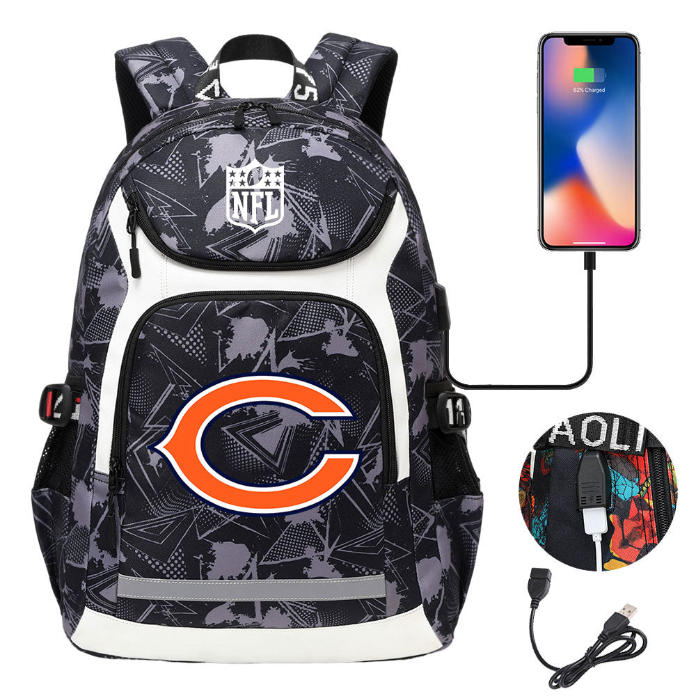 Chicago Bears Football Rugby Backpack School Notebook Travel Bags With USB