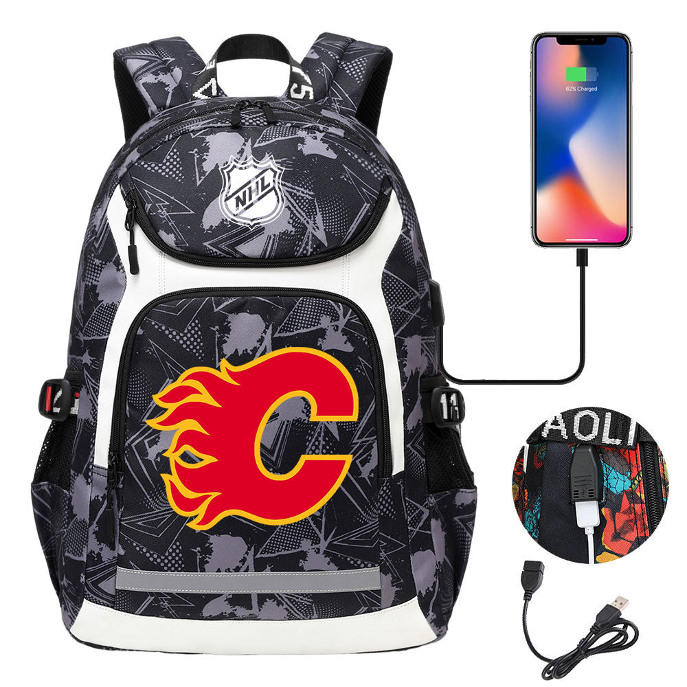 Calgary Flames Hockey League Backpack School Notebook Travel Bags With USB