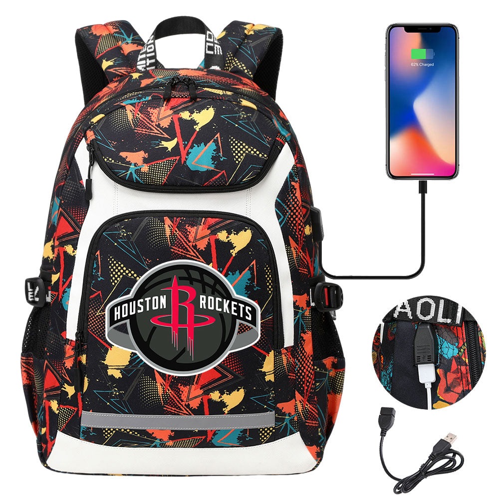 Houston Rockets Backpack School Notebook Travel Bags With USB