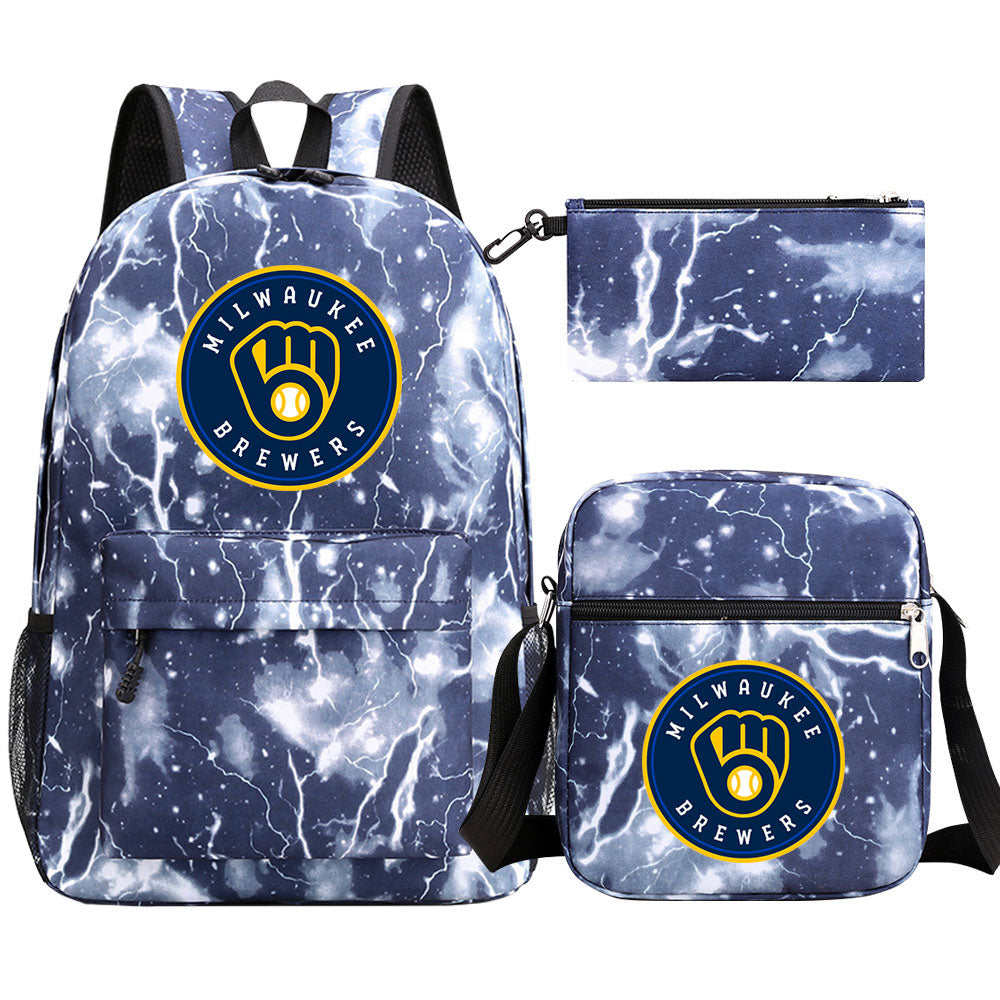 Milwaukee Brewers Baseball School Backpack Shoulder Bag Pencil Bags 3pcs Set