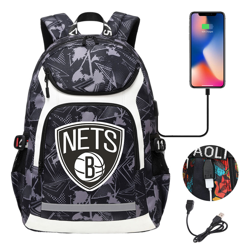 Brooklyn Nets Backpack School Notebook Travel Bags With USB
