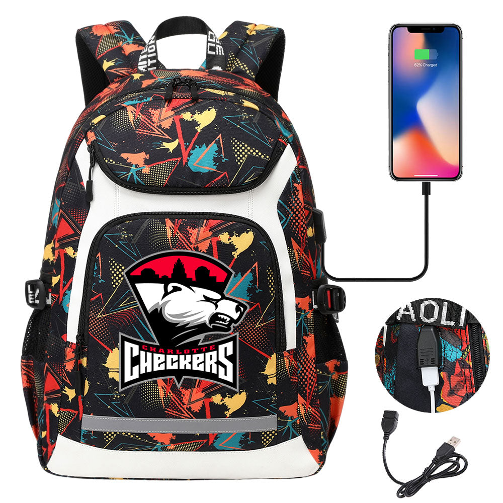 Charlotte Checkers Hockey Backpack School Notebook Travel Bags With USB
