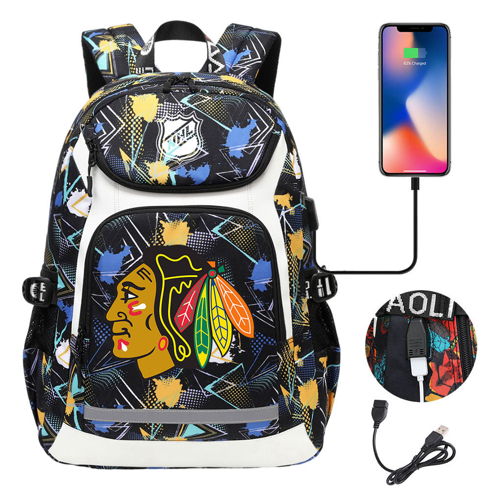 Chicago Blackhawks Hockey League Backpack School Notebook Travel Bags With USB