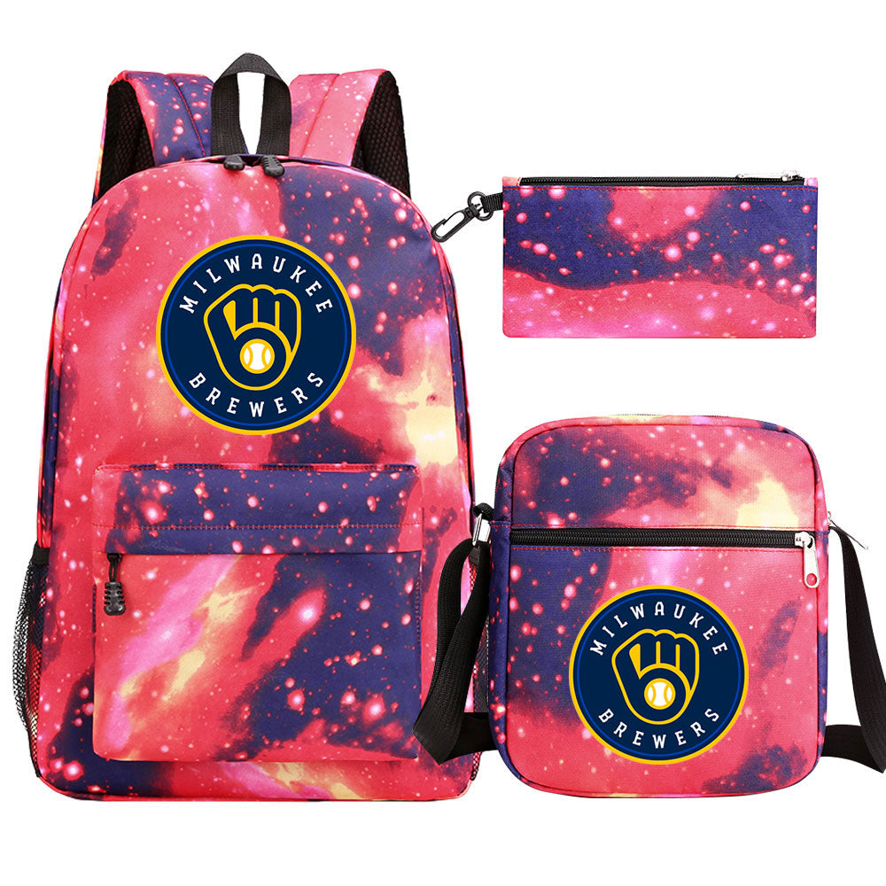 Milwaukee Brewers Baseball School Backpack Shoulder Bag Pencil Bags 3pcs Set
