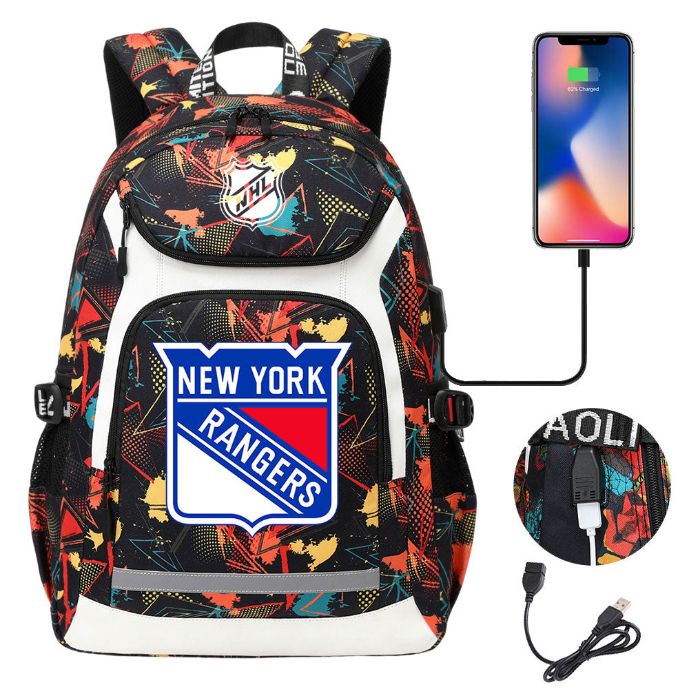 New York Rangers Hockey League Backpack School Notebook Travel Bags With USB