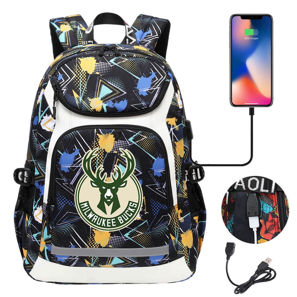 Milwaukee Bucks Backpack School Notebook Travel Bags With USB