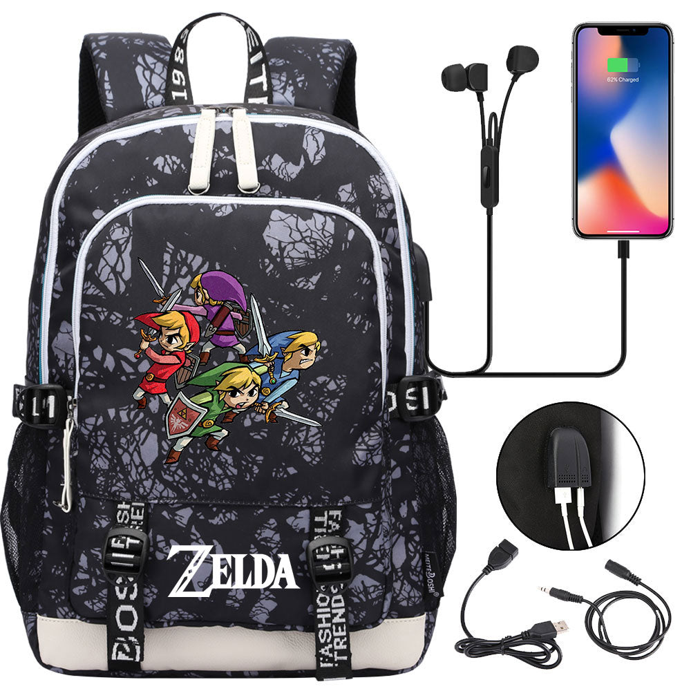Zelda USB Charging Backpack School Note Book Laptop Travel Bags