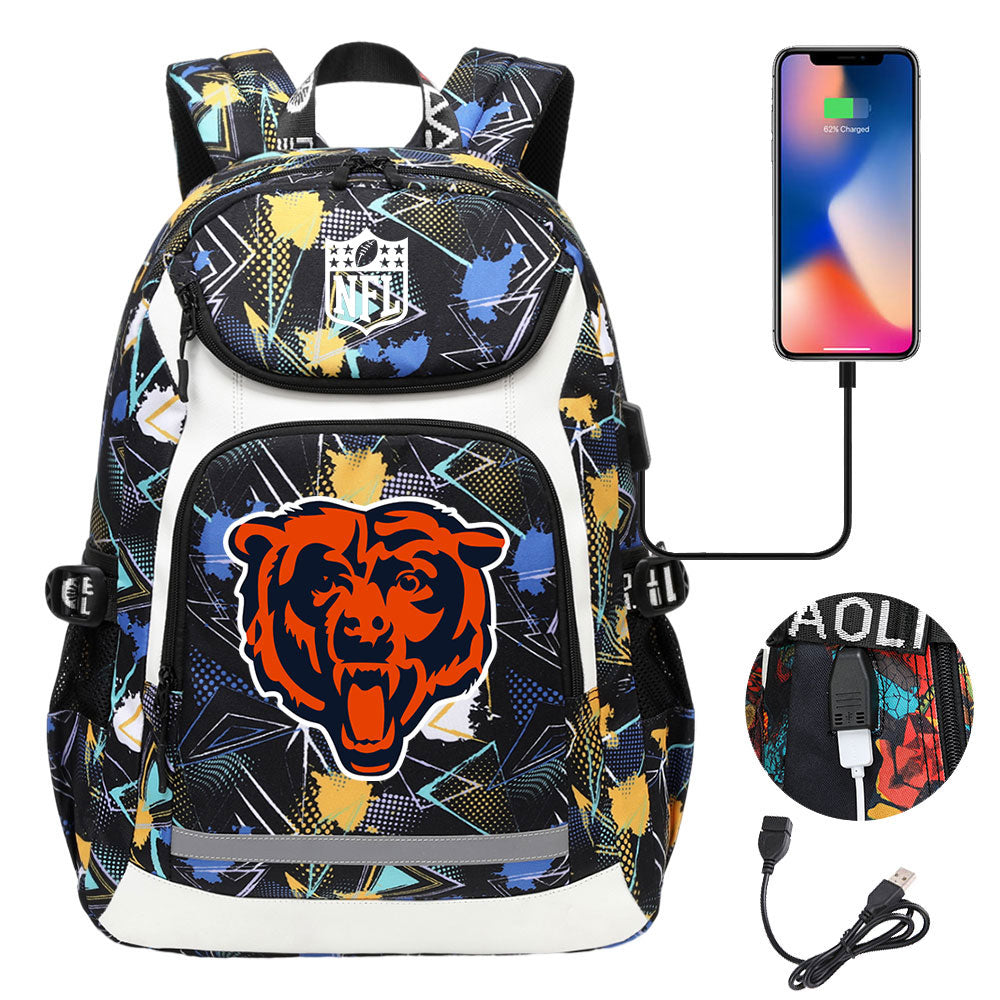 Chicago Bears Football Rugby Backpack School Notebook Travel Bags With USB