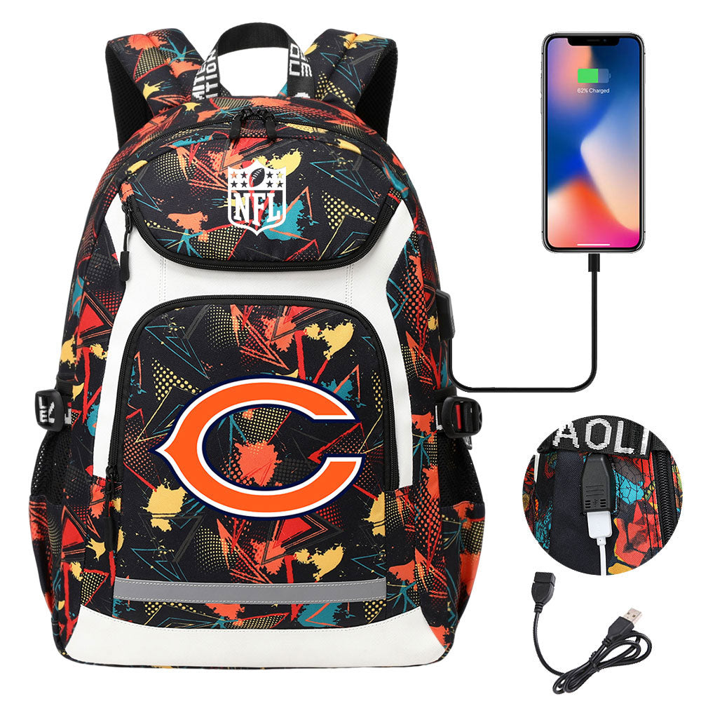 Chicago Bears Football Rugby Backpack School Notebook Travel Bags With USB