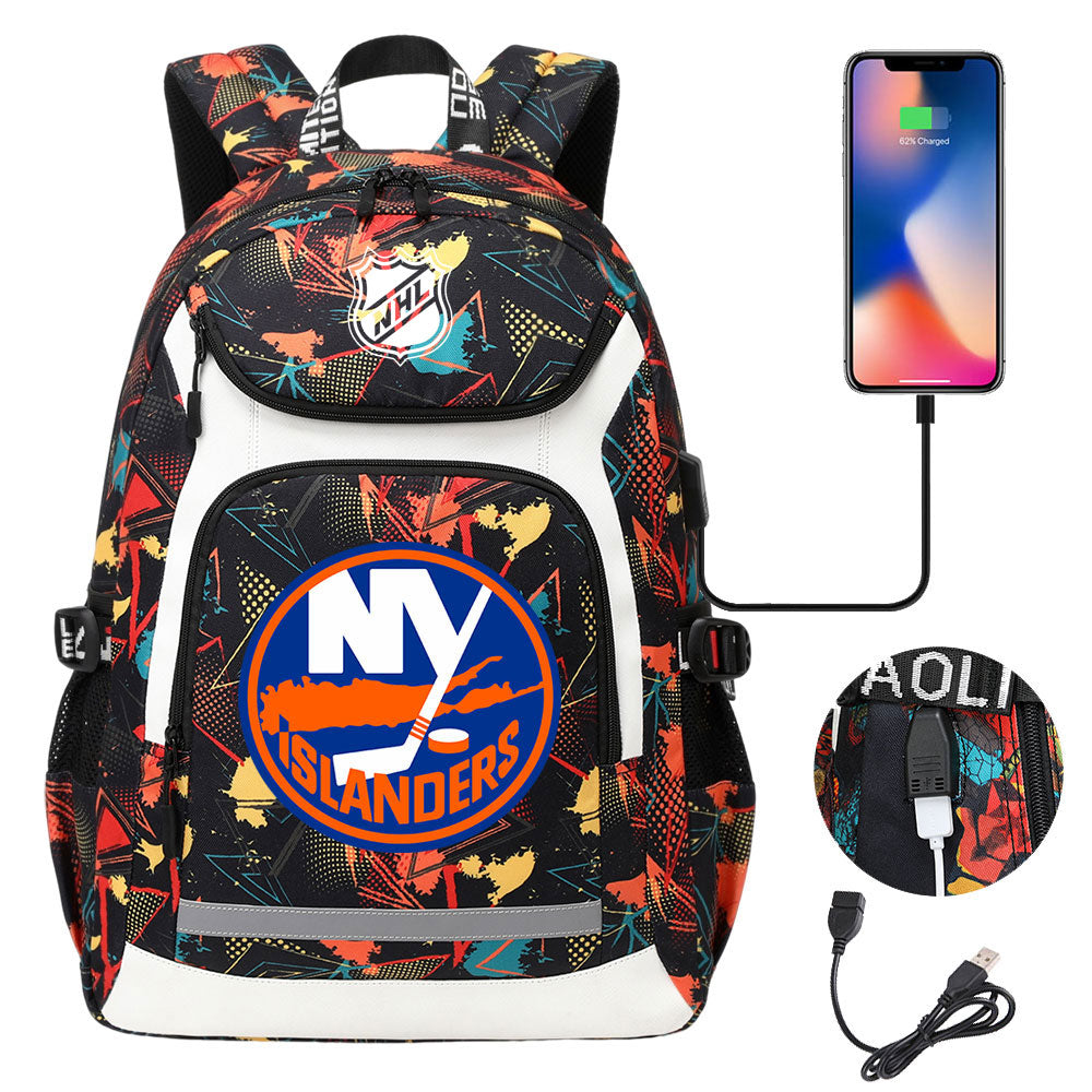 New York Islanders Hockey League Backpack School Notebook Travel Bags With USB