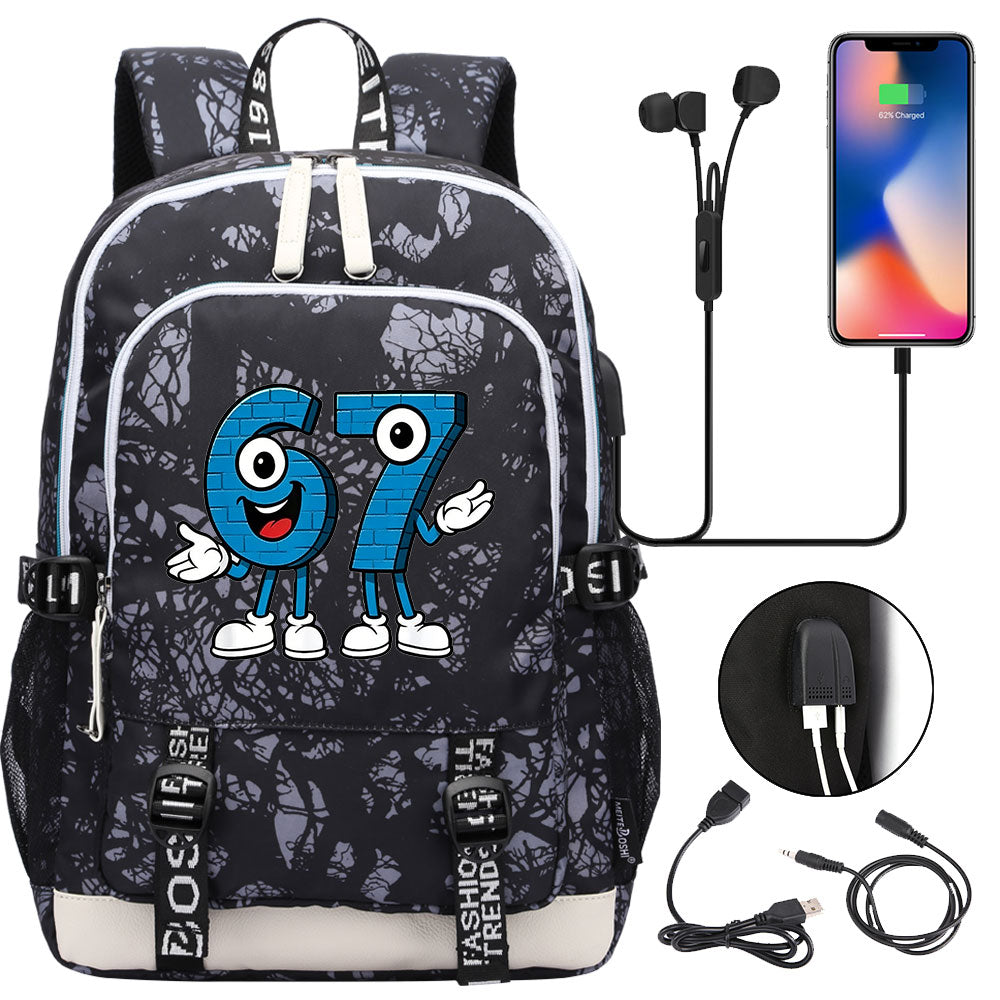 Steal a Brainrot 67 USB Charging Backpack School Note Book Laptop Travel Bags