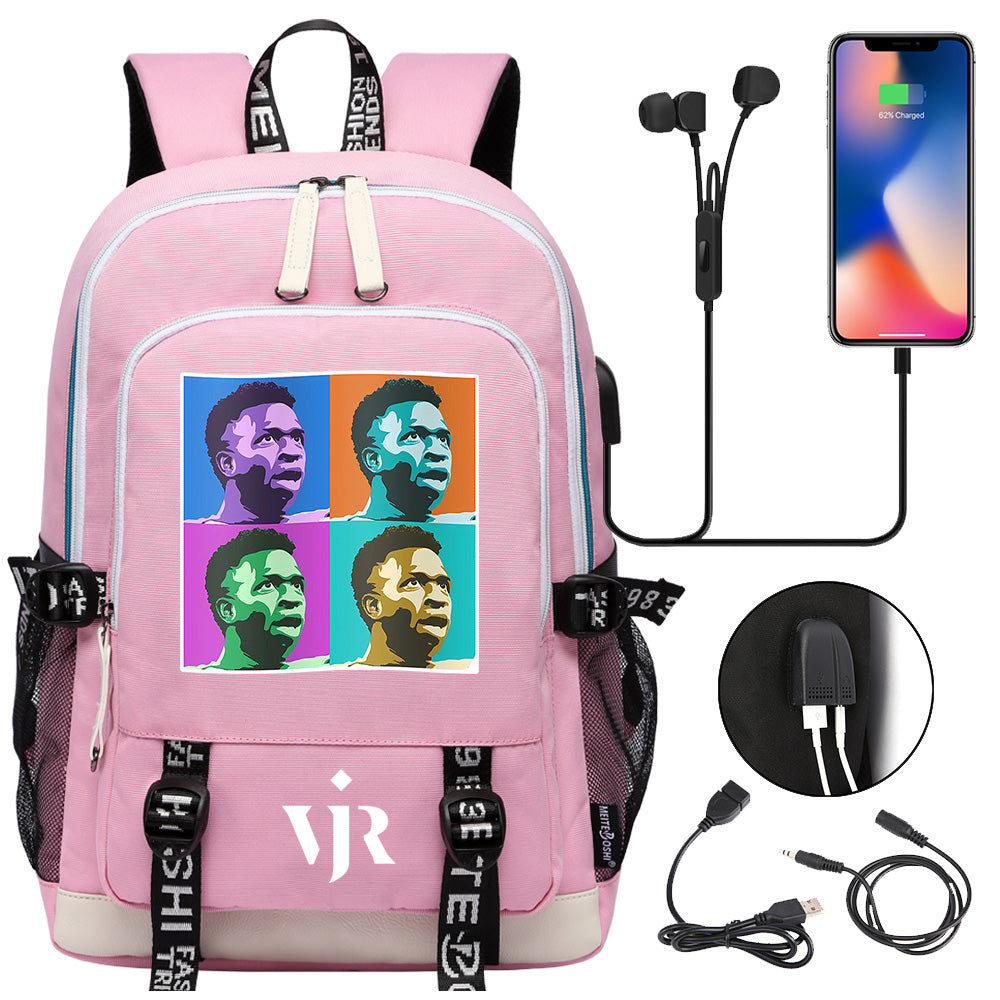 Vinicius Junior FC USB Charging Backpack School Note Book Laptop Travel Bags