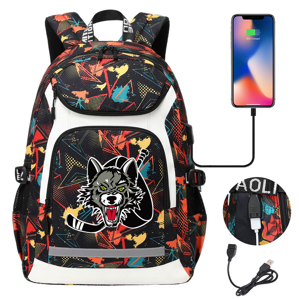 Chicago Wolves Hockey Backpack School Notebook Travel Bags With USB